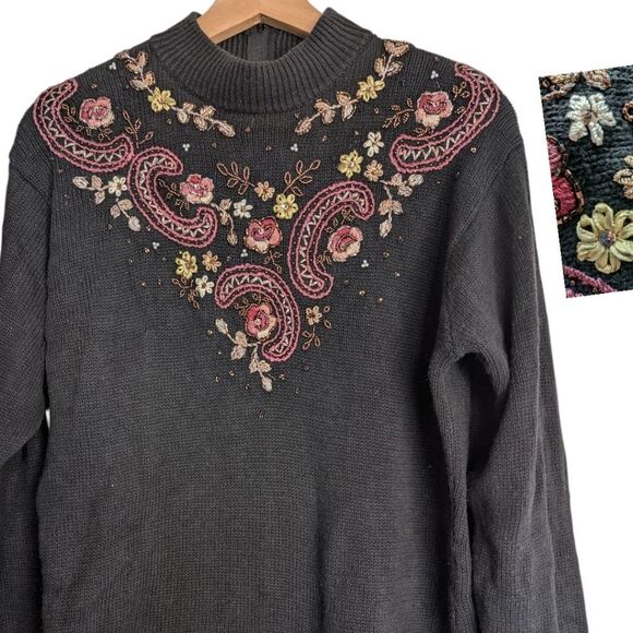 Black Embroidered Beaded Embellished Sweater Ramie Cotton L - Picture 3 of 13